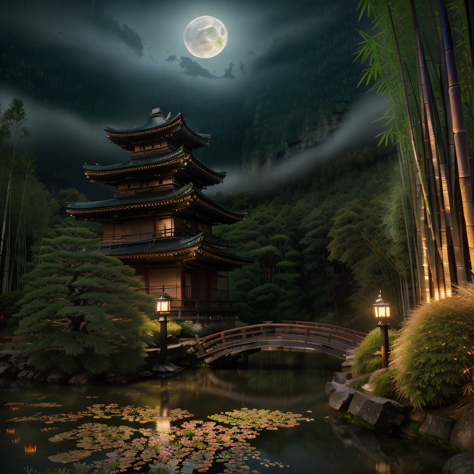 ((masterpiece, photorealistic:1.4), Realism style, photography, (moonlight shining down:1.2), night, all in (eerie black:1.3), shrouded in an aura of mystery and darkness, large aperture, mid-range photography, super high quality, Japanese temple, Japanese style, Kyoto bamboo forest, (lush green bamboo:1.2), (rainy night:1.2), upward perspective, extreme detail, extreme quality, 8k, dream color, dream light and shadow, (Japanese temple), ((best quality)), ((masterpiece)), ((realistic)), (temple:1.2), Japanese temple surrounded by a pond, (a bridge on the pond:1.2), a hint of (ominous crimson:1.1) on the horizon, Cinematic, Hyper-detailed, insane details, beautifully color graded, Super-Resolution, Megapixel, Cinematic Lightning, Post Processing, Post Production, Tone Mapping Insanely detailed and intricate, Hyper maximalist, Volumetric, Photorealistic, ultra photoreal, ultra-detailed, intricate details, 8K, Super detailed, Full color, Volumetric lightning, HDR, Sharp focus Camera Model: Canon EOS R6 Lens: Canon RF 24-105mm f/4L IS USM