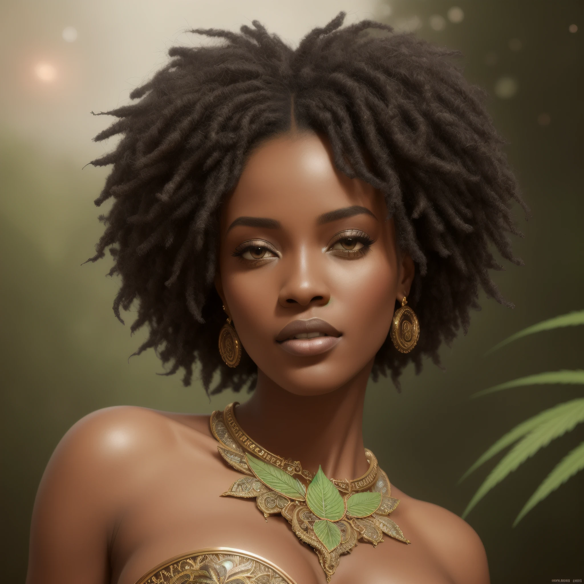 Insanely detailed photograph of An elaborate Gorgeous African woman, ::Cannabis Leaf, Cannabis Buds:: intricate details, swirls, lights, amazing glistening skin eyes hair hyperdetailed painting by Ismail Inceoglu Tom Bagshaw and Dan Witz CGSociety ZBrush Central fantasy art album cover art 4K 64 megapixels 8K resolution HDR Greek light colours celestial big intricate, saturated colors, cartoon
