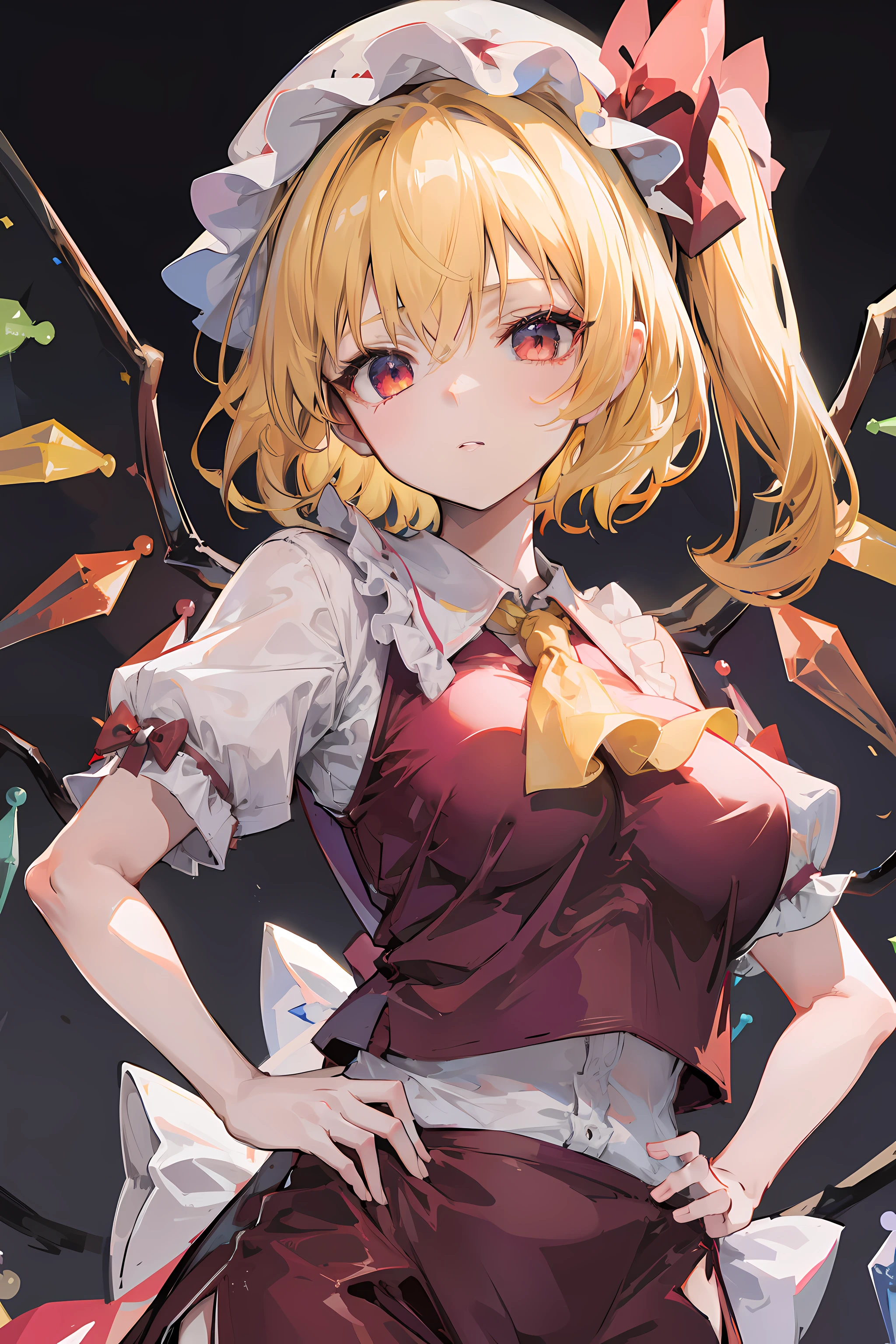 (masterpiece),best quality, expressive eyes, perfect face, 1girl,
big breast, H-cup, good breast, beautiful, gorgeous,anime,girl,lora, floating clothes, tent chest ,
hands on waist, hands on hips, nipple visible  though clothes,flandre scarlet,
1girl,blonde hair,mob cap,hair bow,bowtie,side ponytail,wings,short sleeves,vest,ascot,1wings,1 pair of wings