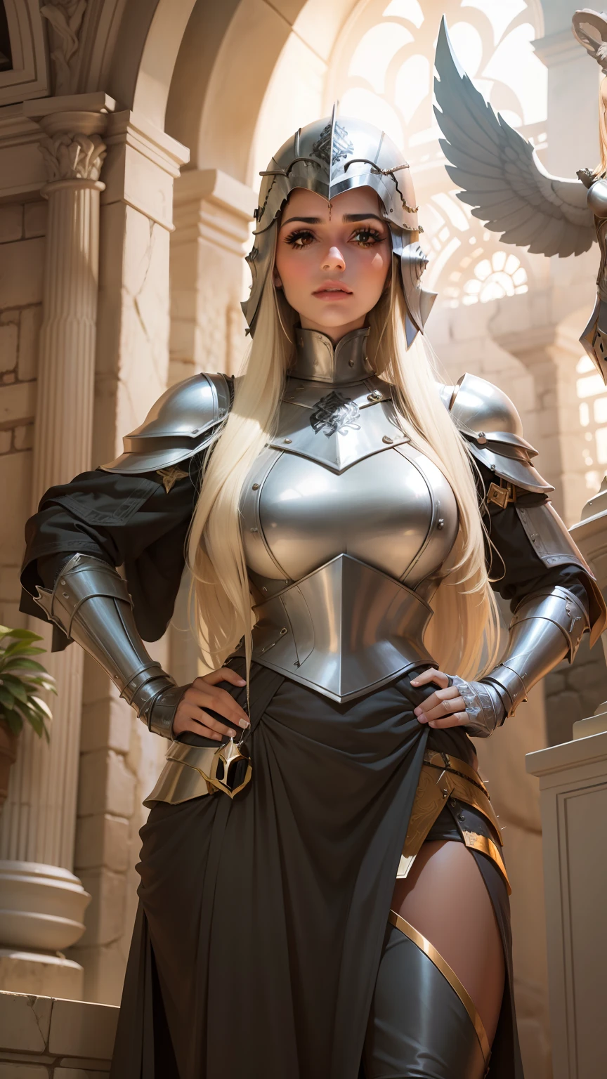 mulher loira com armadura em um castelo