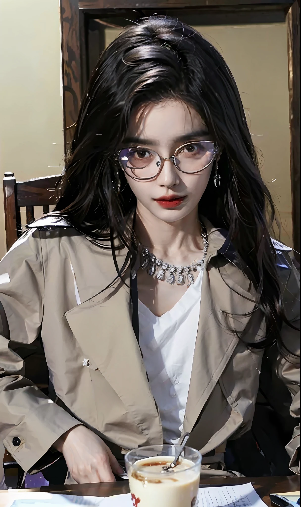 Asian man sitting at table with glasses and necklace, Cai Xukun, Kim Do-young, Shin Jinying, hyung tae, Kim Tae-joon, taken in the early 2020s, Delicate androgynous prince, portrait of kpop idol, With glasses, yanjun cheng, jung jaehyun, ✨🕌🌙, wearing black glasses