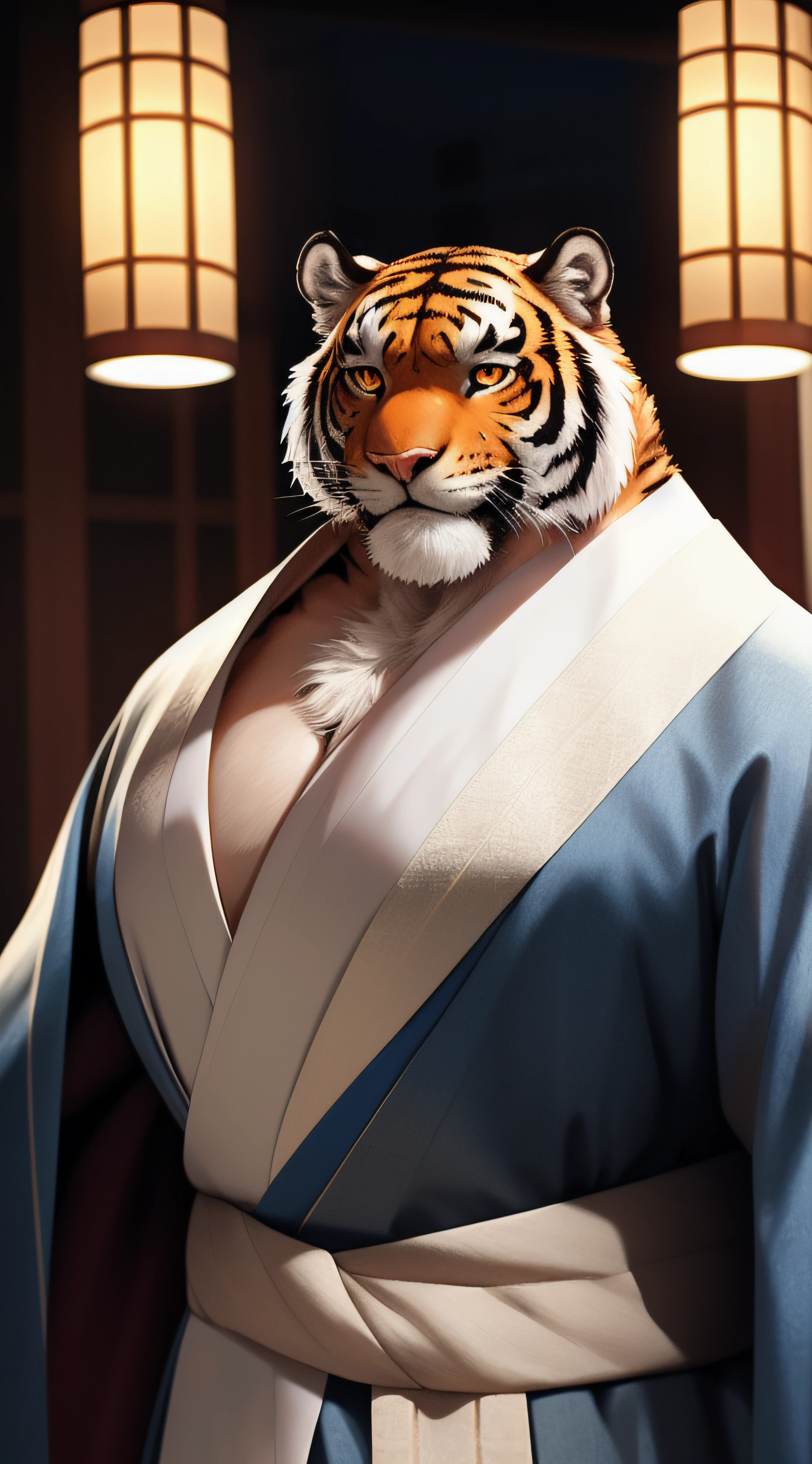 Furrender style,Portrait of a large muscular male Siberian tiger,Middle-aged,((Open) Dark blue | patterned kimono),traditional Japanese outfit,Movie set background,Orange eyes,Photorealistic,35mm,Cinematic lighting and color grading,Key light,Sharp focus,depth of field background,Extreme detail,4K,(Soft lighting:1.4),
Tik,(Muscular:1.2),Muscular male,(Mature male:1.2),Snoskou reports,Light smile,view the viewer,Detailed fur texture,(Bust portrait),