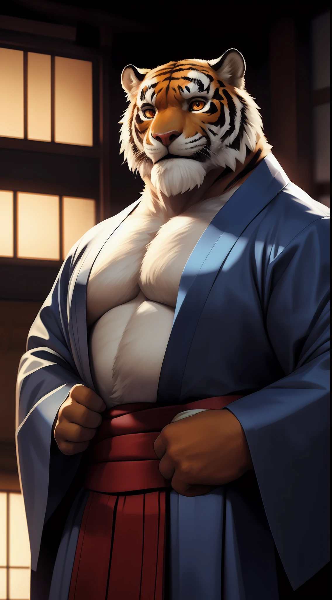 furrender style,portrait of a large muscular male siberian tiger,middle-aged,white fundoshi,((open) dark blue | patterned kimono),japanese traditional clothes,movie set background,orange eyes,photorealistic,35mm,cinematic lighting and color grading,key light,sharp focus,depth of field background,extreme detail,4k,(soft lighting:1.4),
bara,(muscular:1.2),muscular male,(mature male:1.2),by snowskau,light smile,looking at viewer,detailed fur texture,(bust portrait),
