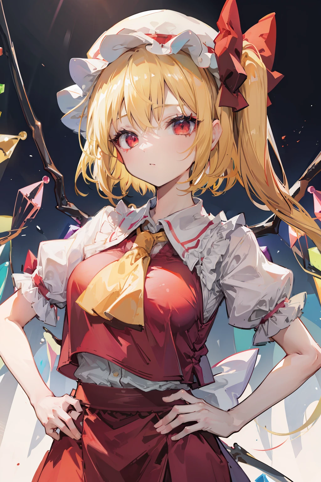 (masterpiece),best quality, expressive eyes, perfect face, 1girl,
big breast, H-cup, good breast, beautiful, gorgeous,anime,girl,lora, floating clothes, tent chest ,
hands on waist, hands on hips, nipple visible though clothes,flandre scarlet,
1girl,blonde hair,mob cap,hair bow,bowtie,side ponytail,wings,short sleeves,vest,ascot,1wings,1 pair of wings