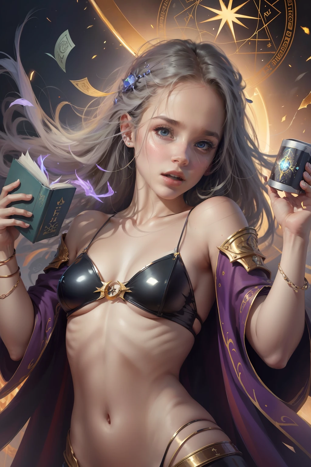 Britt Robertson colorido, medium breasts, corpo inteiro, tiro largo, papel de parede, energia, (holding book:1.3), Blue Magic Circle, pentagrama, encantamento, Mantra, master part, ultra realistic,32k,extremamente detalhado CG unidade 8k papel de parede, melhor qualidade 4arm, hands up and out ,6 Armsrune_Magic, power