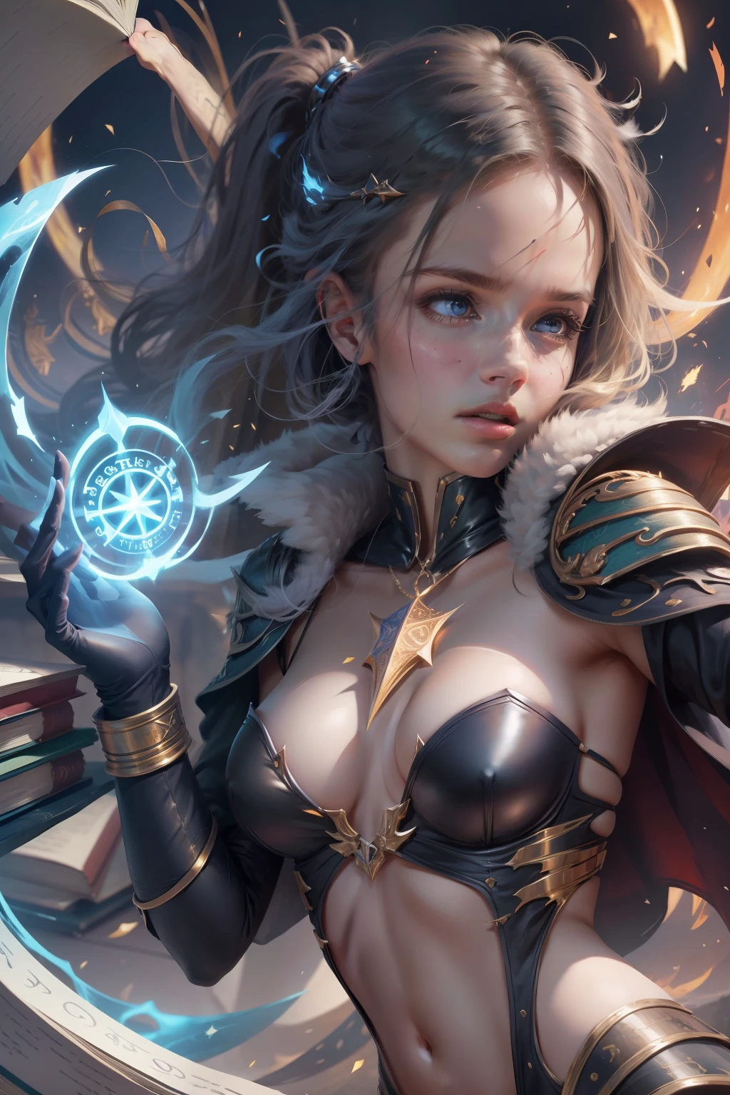 Britt Robertson colorido, medium breasts, corpo inteiro, tiro largo, papel de parede, energia, (holding book:1.3), Blue Magic Circle, pentagrama, encantamento, Mantra, master part, ultra realistic,32k,extremamente detalhado CG unidade 8k papel de parede, melhor qualidade 4arm, hands up and out ,6 Armsrune_Magic, power