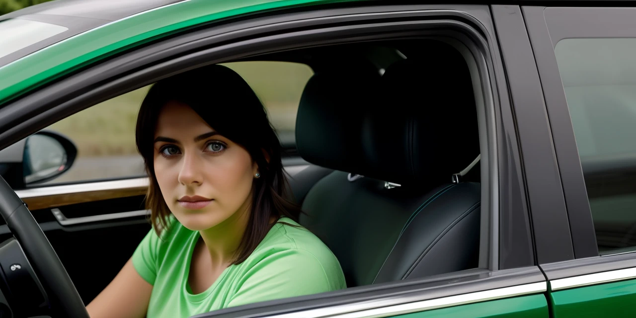 Woman sitting in car, looking out of window, sad face, green tshirt, real person