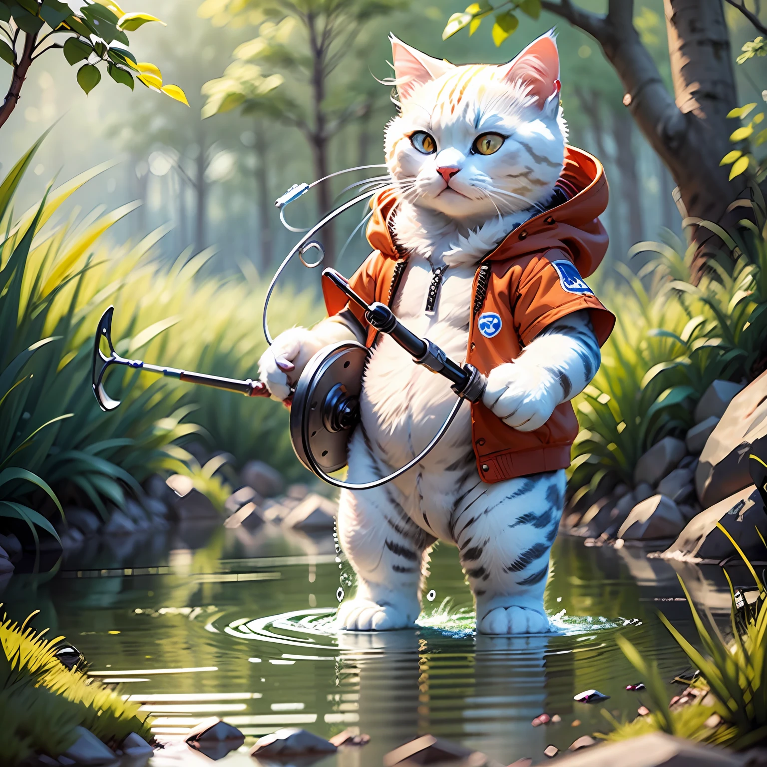 (A big white cat in a baby jacket goes fishing),Impeccable,Superhero cartoon style,A detailed,Inspirational,Cool