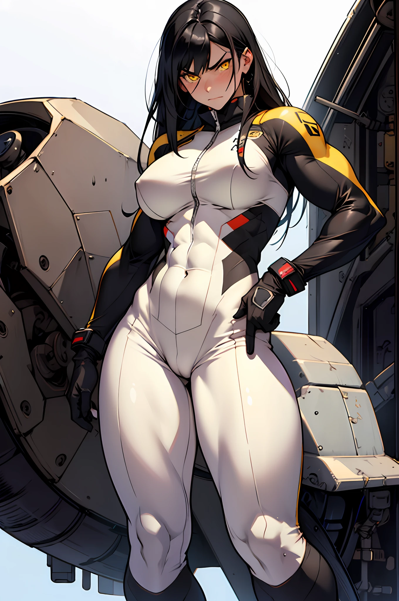 1girl, extremely long hair, solo, ((muscular)), veins, black hair, yellow eyes, blushing, thick thighs, pale skin, strong, veins, abs, big thighs, huge breasts, navel, standing, angry, bodysuit, skintight, pilot suit