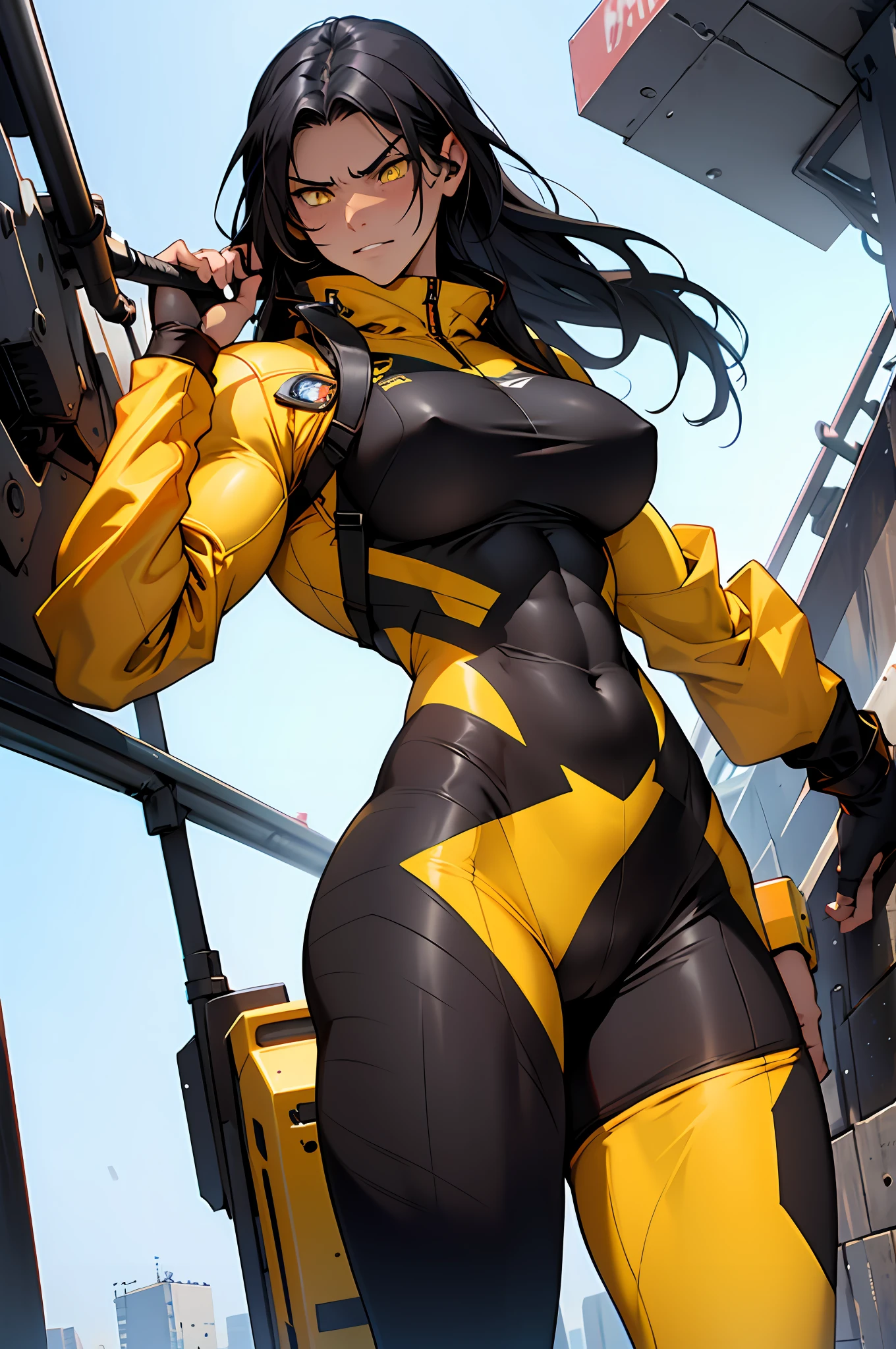 1girl, extremely long hair, solo, ((muscular)), veins, black hair, yellow eyes, blushing, thick thighs, pale skin, strong, veins, abs, big thighs, huge breasts, navel, standing, angry, bodysuit, skintight, pilot suit