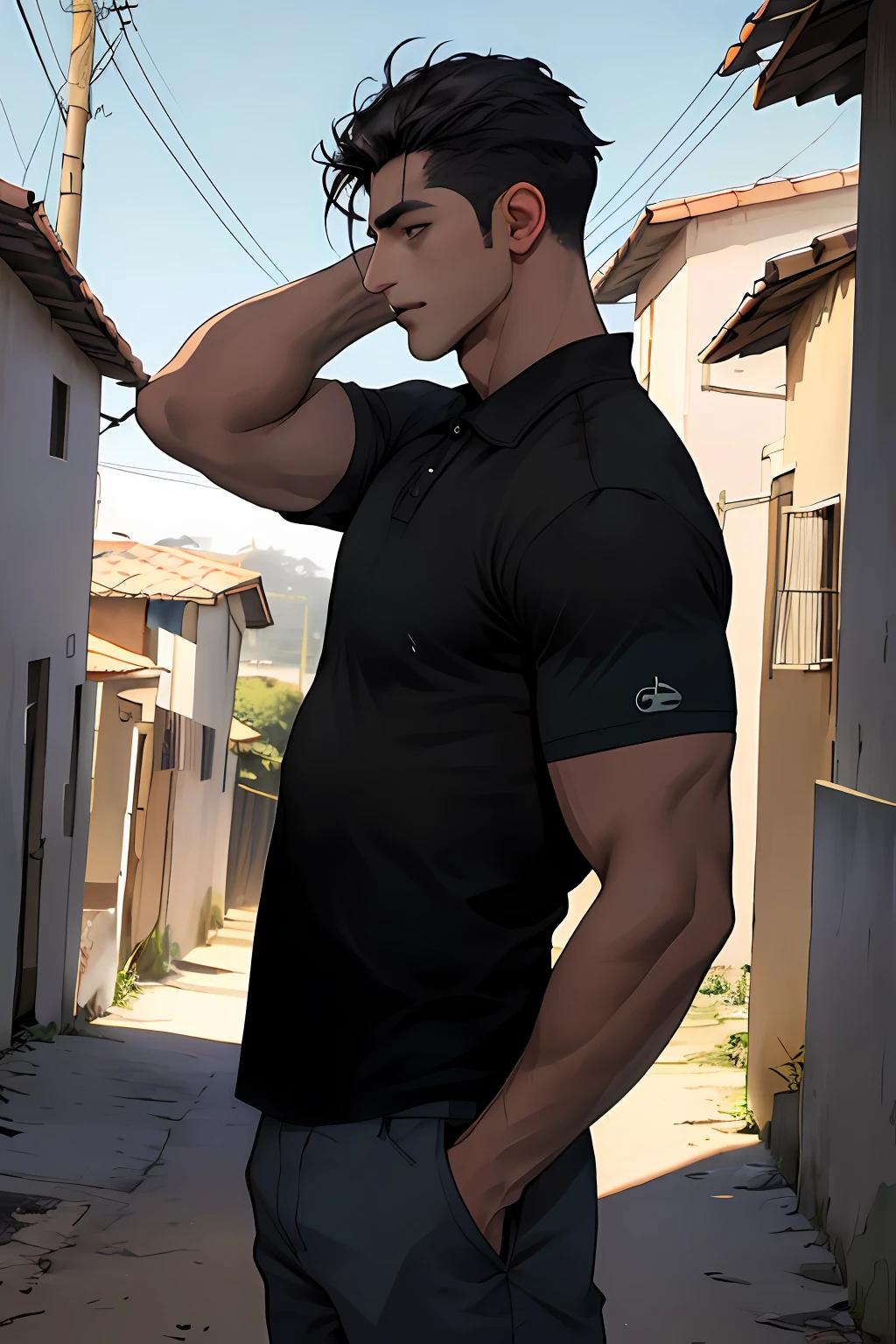 1 homem, obra-prima, melhor qualidade, ultra alto nada, Twilight, paisagem urbana, profundidade de campo, short black messy hair, Apenas para homens, pele escura, night city background