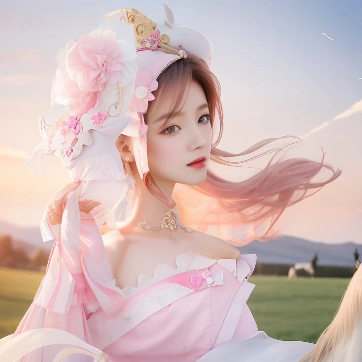 Woman in pink dress with white horse,