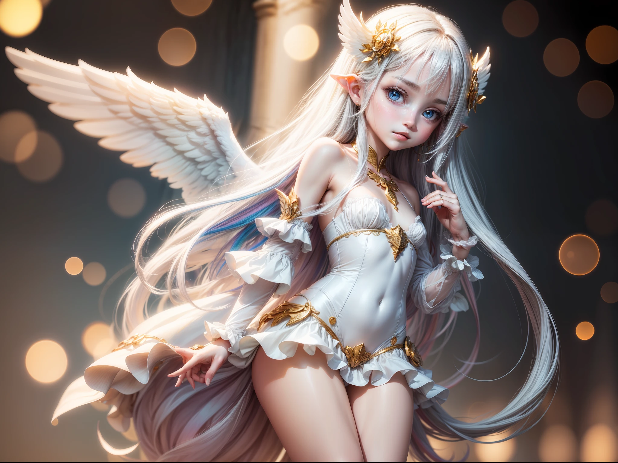 (Masterpiece: 1.4), (Best Quality: 1.4), (Very Cute Angel Girl, Super Detailed Face, Jewel-like Eyes, White Very Long Hair, Colorful Gradient Hair: 1.4), (Angel Ring: 1.4), (Angel Wings: 1.4), (Full body, perfect 2 arms, perfect 2 legs: 1.4), (Perfect 4 fingers: 1 thumb), light, shine, bokeh, super fine