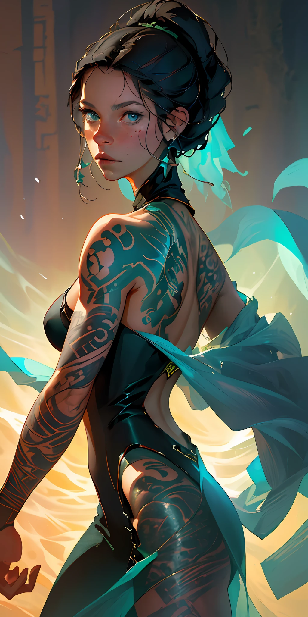 A tattooed (Evangeline Lilly :Alicia Vikander) with a powerful presence, her body adorned with a unique blend of abstract and realistic designs, digital art, by artgerm, hyperdetailed, hi top fade, cowboy shot.