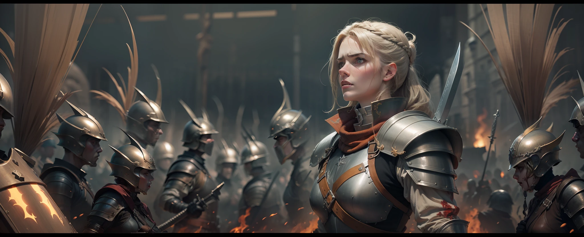 a European girls, solo, Blonde, tanned skin, cold-looking blue eyes, thin face, ripped body, wearing leather armor, leather legging, highnoon boots, carry a sword by waist and 2 pistol behind waist, masterpiece, best quality, Joan of Arc leading her army into battle, heroic, bright, moody, intense, fantasy knight, realistic shadows, high quality, ultra detailed in 4k, 8k, high resolution, sharp focus, depth of field, faded, (neutral colors:1.2), (hdr:1.4), (muted colors:1.2), hyperdetailed, (artstation:1.4), cinematic, warm lights, dramatic light, (intricate details:1.1), complex background, (rutkowski:0.66), (teal and orange:0.4)", steampunk battle city background, monster in a battlefield of blood and fire. As he fought, the bodies of his enemies piled up around her, but he remained untouched, his figure growing larger and more majestic with each passing moment. Finally, after defeating the entire army alone, the general stood victorious, his sword still raised high. His bravery and triumph filled the battlefield with a sense of solemn grandeur. hdr, (photorealism, masterpiece quality, best quality). masterpiece, best quality, Joan of Arc leading her army into battle, heroic, bright, moody, intense