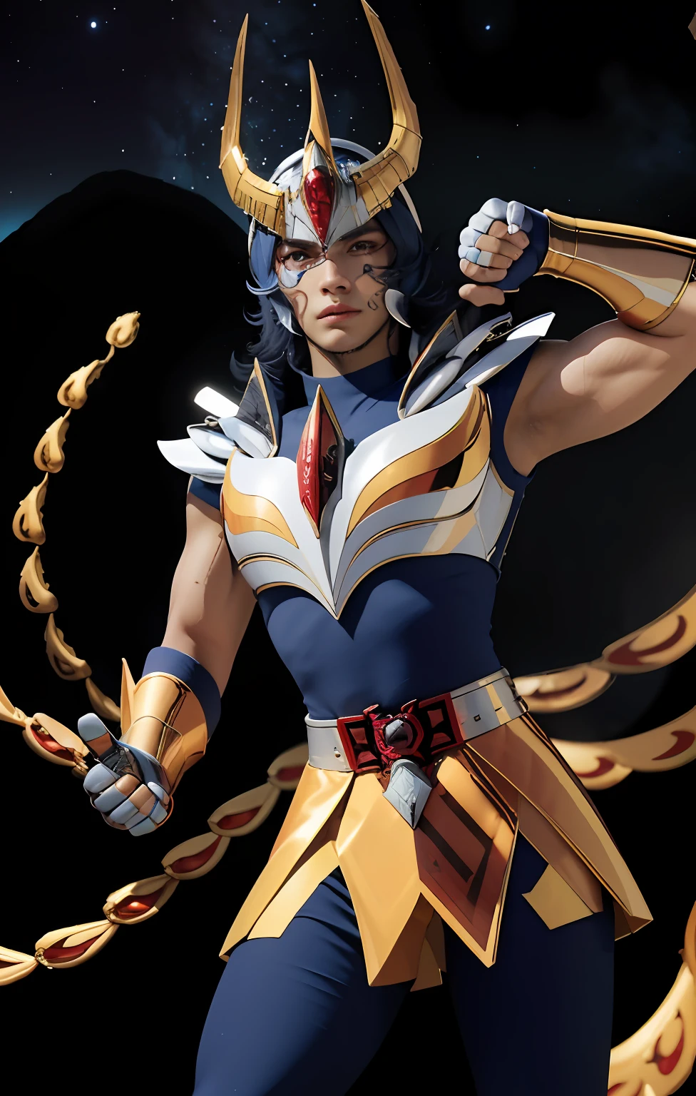 obra-prima, melhor qualidade, ultra alta res, textura de pele realista, armadura, (fotorrealista: 1.4), alta resolução, foto crua, 1 menino, pele brilhante, (pele detalhe: 1.2), textura de pele realista, best ilumination, brilho, lighting dramatic, pose de ataque, (fundo grego do templo em chamas: 1.2), (night sky: 1.1), cosmos, milky ways, armadura dourada, Phoenix_Ikki, (capacete: 1.2), pele bronzeada, cabelo azul, (silver breastplate: 1.4), (capacete), camisa azul, fogo, chamas nos olhos, serious face, rosto serio, capacete perfeito, maos perfeito, dedos perfeito, rosto perfeito,