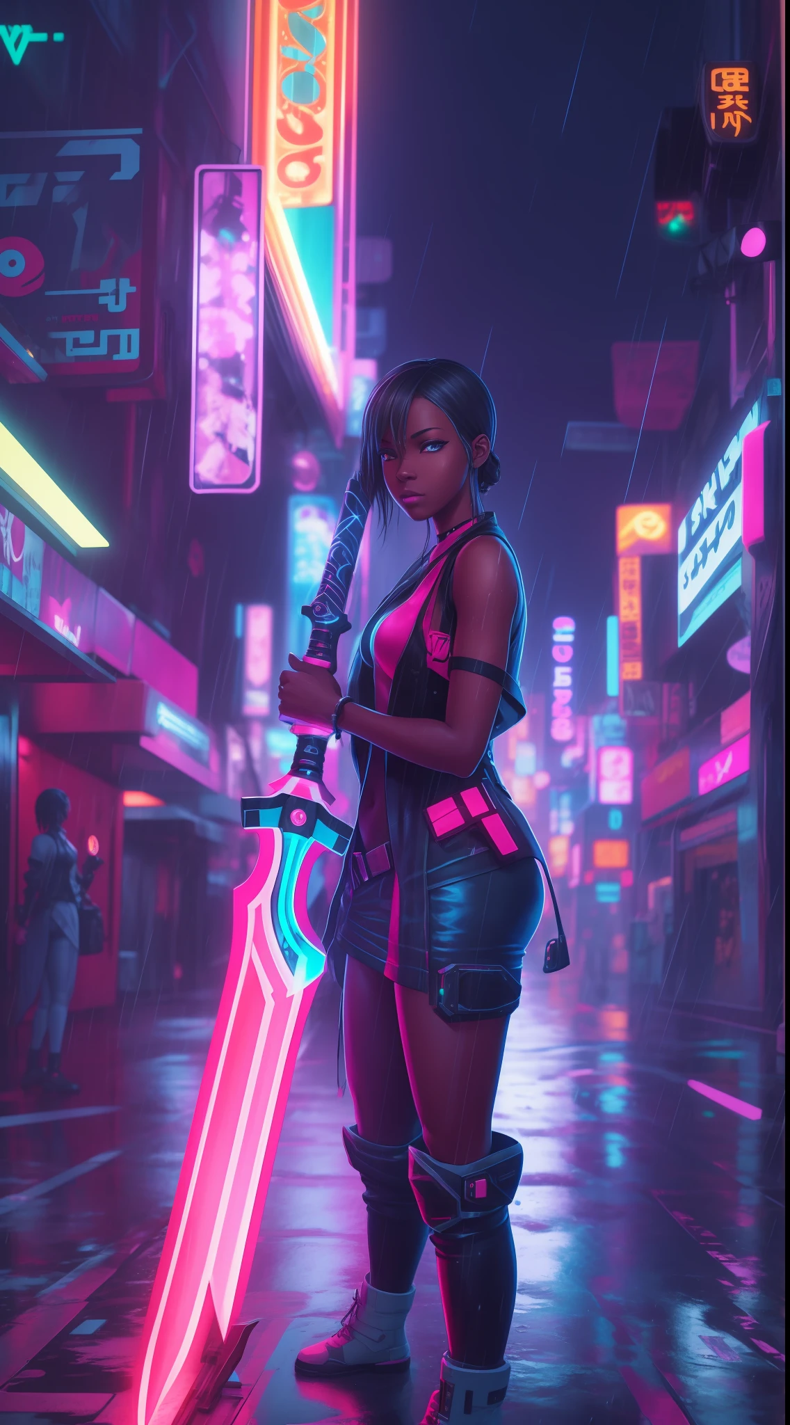 most beautiful anime-style black girl, cyberpunk, holding a glowing sword. standing on the street of the cyber city. neon lights, wet, rain, anime style. photorealistic, high details.HDR,8K, By Design Levester Sylvester Lemon