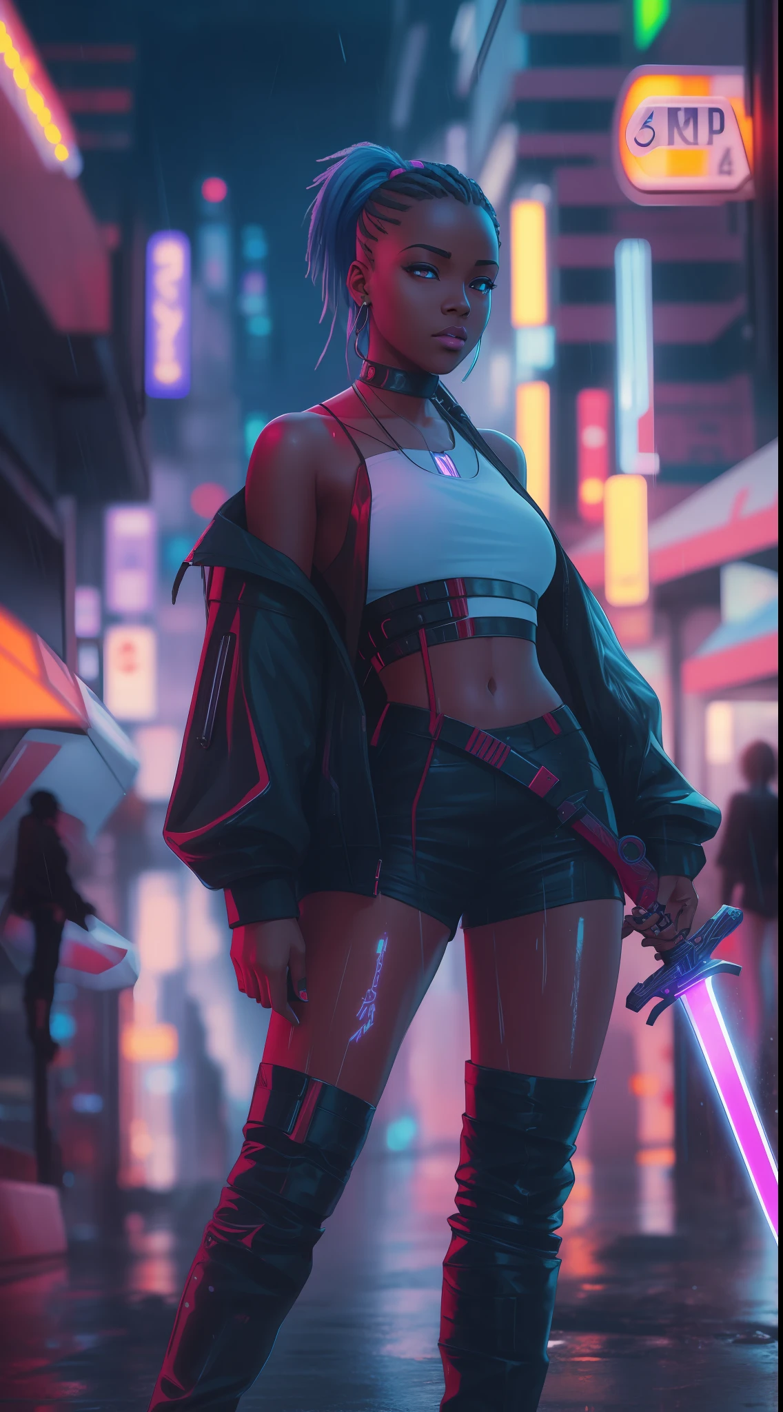 most beautiful anime-style black girl, cyberpunk, holding a glowing sword. standing on the street of the cyber city. neon lights, wet, rain, anime style. photorealistic, high details.HDR,8K, By Design Levester Sylvester Lemon
