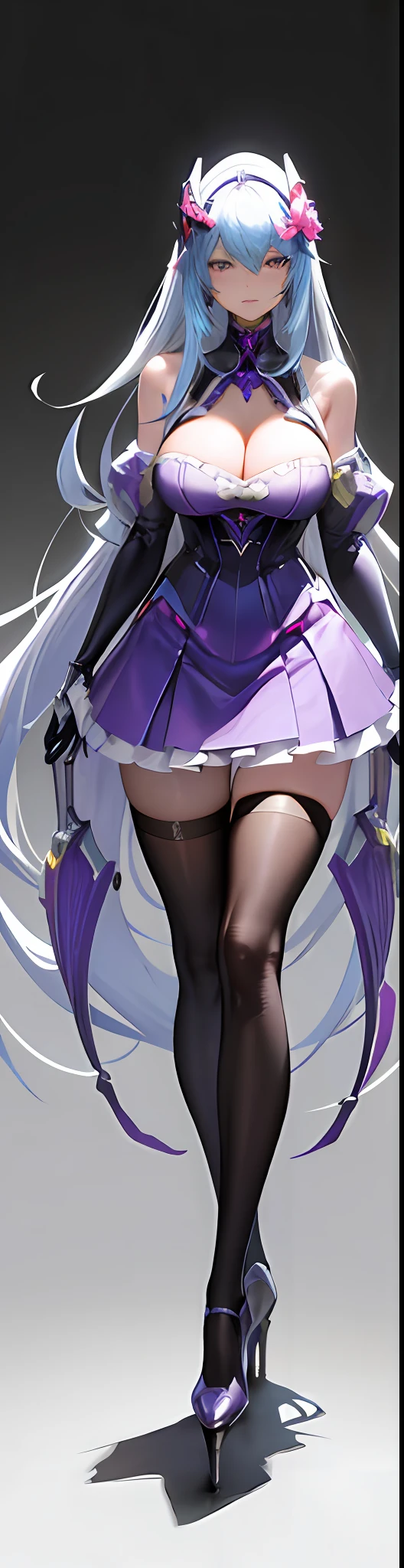 There was a woman in purple and high heels, thick smooth warframe thighs, thick smooth warframe legs, Cybernetic legs, anime barbie in white stockings, Detailed legs, detailed legs towering over you, thick warframe legs, Inspired by Hajime Sorayama, High heels. anime style at pixiv, detailed legs looming over you, 🌺 CGSesociety