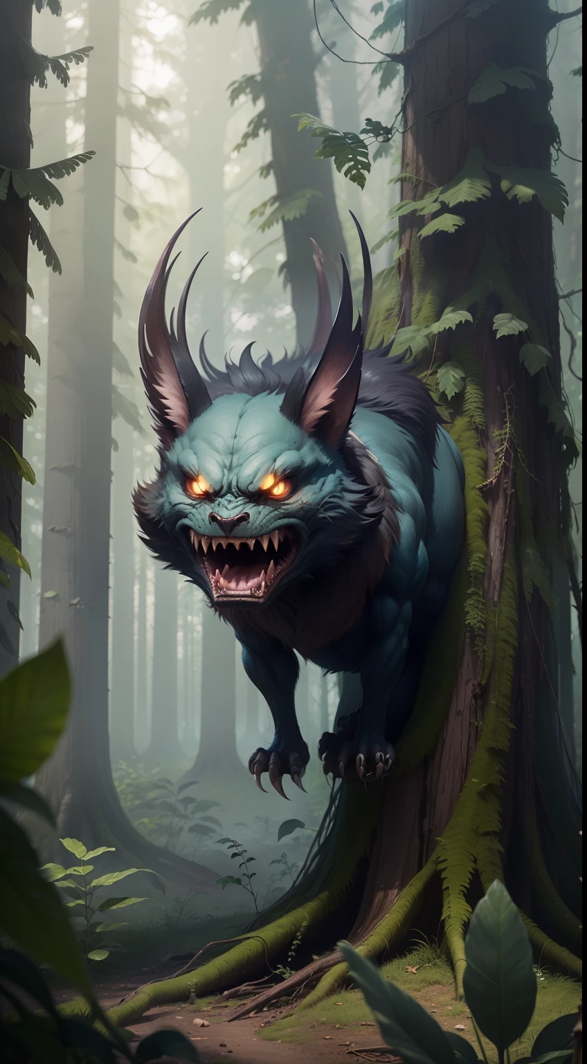 A angry creature, in a forest.