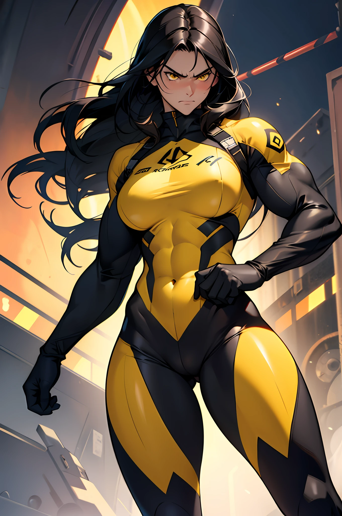 1girl, extremely long hair, solo, ((muscular)), veins, black hair, yellow eyes, blushing, thick thighs, pale skin, strong, veins, abs, big thighs, huge breasts, navel, standing, angry, bodysuit, skintight