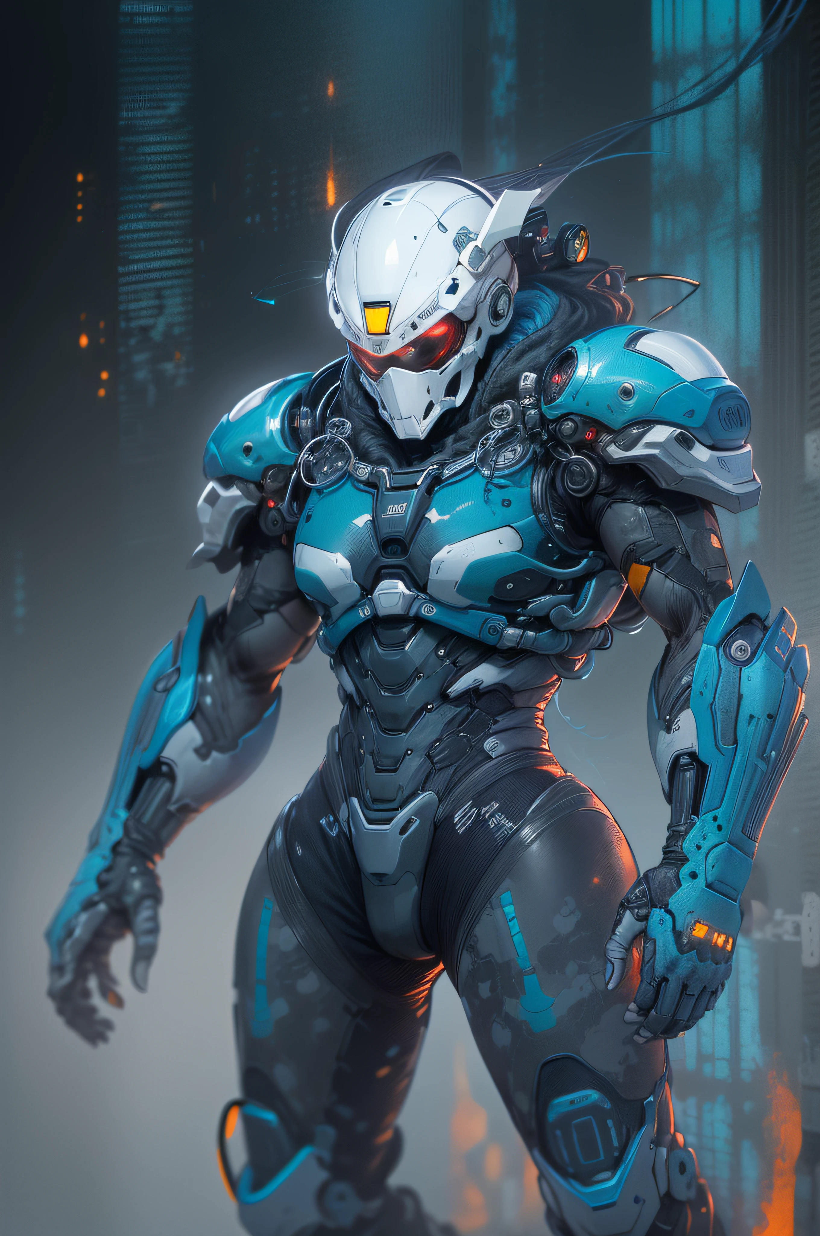 (best quality, ultra-detailed, best illustration, best shadow, masterpiece, high res, professional artwork, famous artwork), man in a (white:1,blue:.2 bulky colored carbon fiber nanosuit), long floating samurai white ponytail,nanosuit brutul helmet in the shape of skull,futuristic galss visor,red glowing liquid cooling   tubes connected to helmet,black background,angry brows