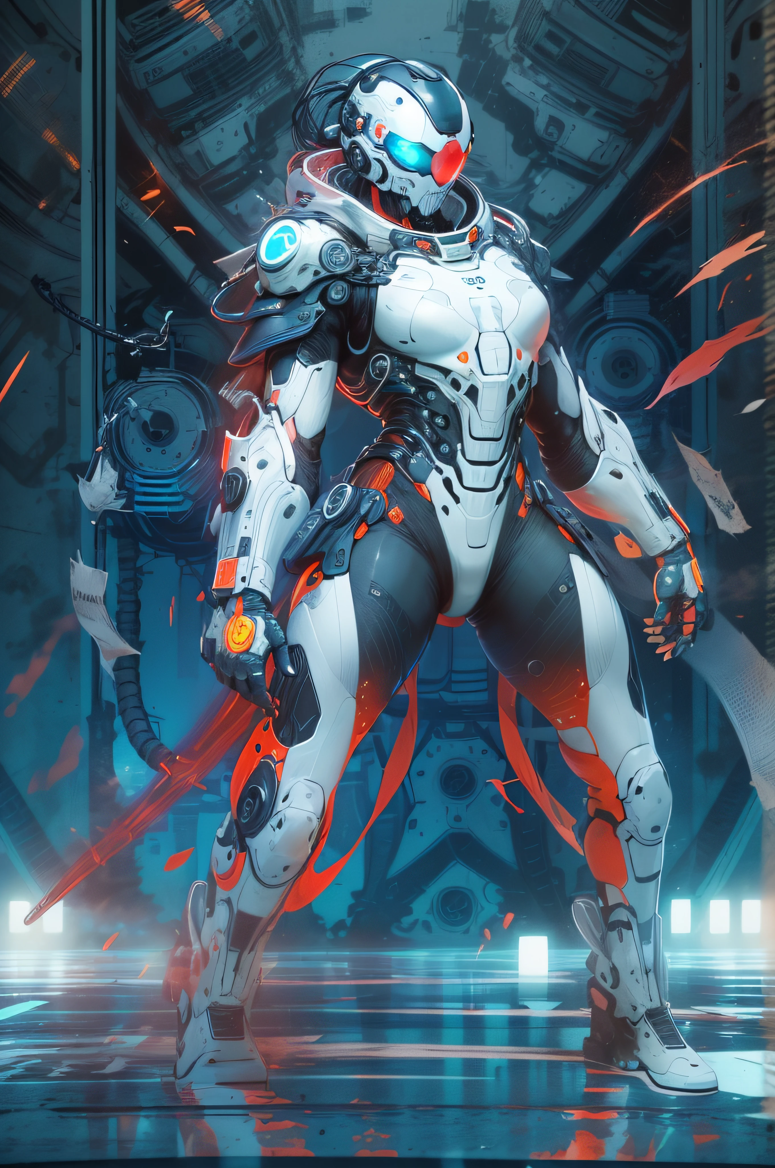 (best quality, ultra-detailed, best illustration, best shadow, masterpiece, high res, professional artwork, famous artwork), man in a (white:1,blue:.2 bulky colored carbon fiber nanosuit), long floating samurai white ponytail,nanosuit brutul helmet in the shape of skull,futuristic galss visor,red glowing liquid cooling tubes connected to helmet,black background,angry brows