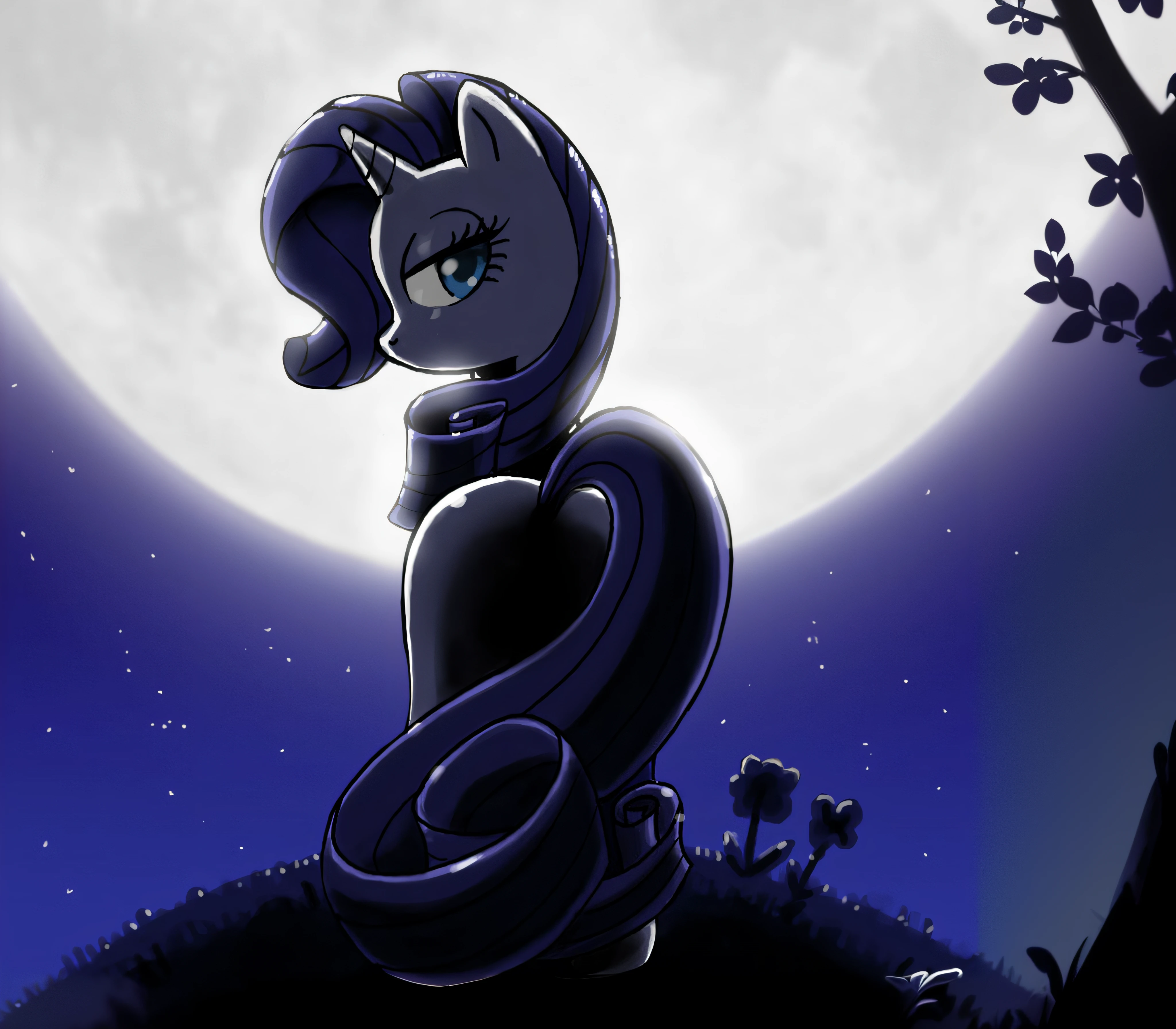there is a cartoon picture of a pony that is sitting on a hill, mlp fanart, in the moonlight, beautiful as the moon, the moon behind her, dreamless night, twilight ; digital painting, standing in moonlight, anthropomorphic mare, strong moonlight, moonless night, the glow of the moonlight, dark cool twilight, fan art, dark bacgkground