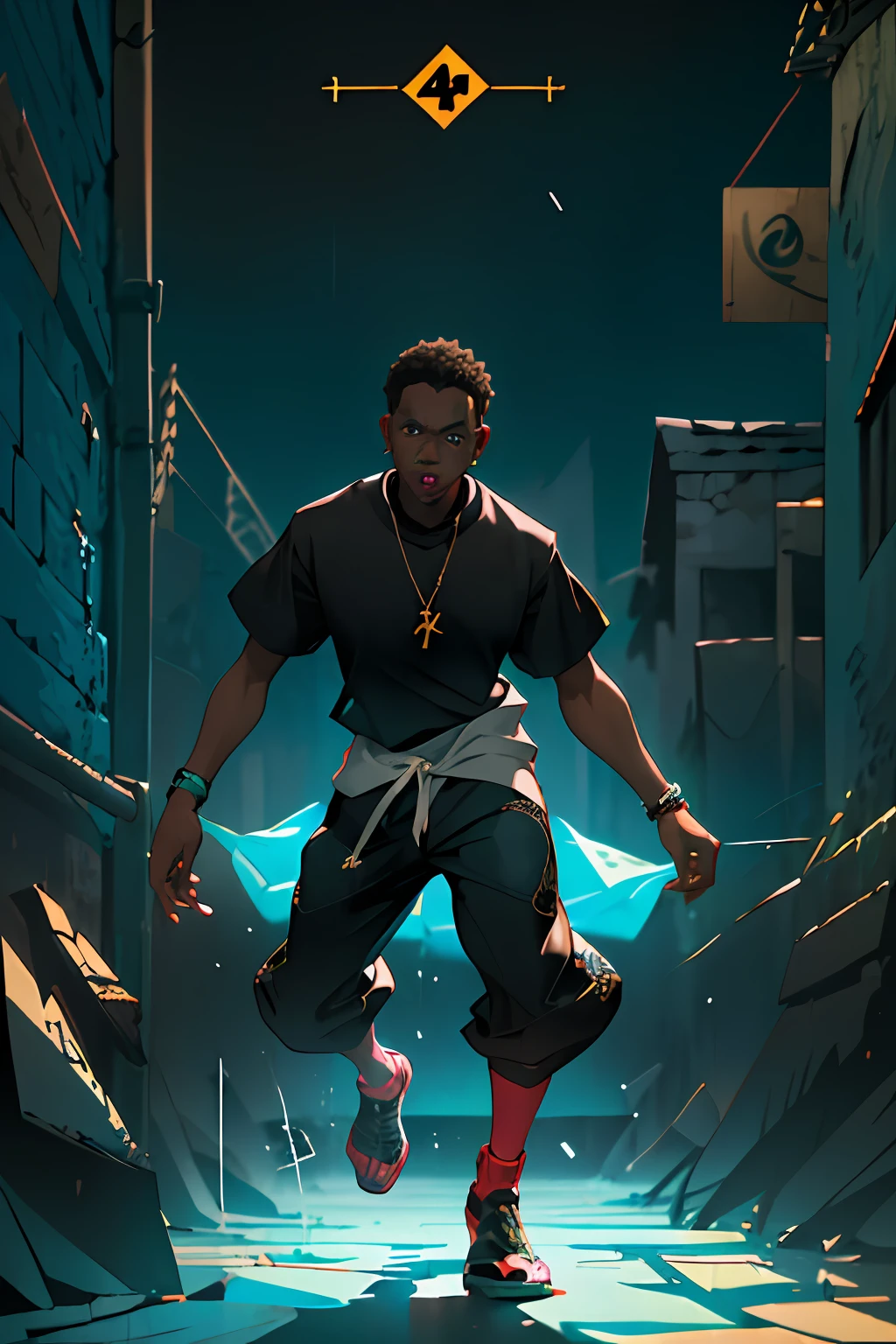 (melhor qualidade, obra-prima), 1boy, rapper negro, sentado, beco, noite de chuva, estilo cartoon, 4k