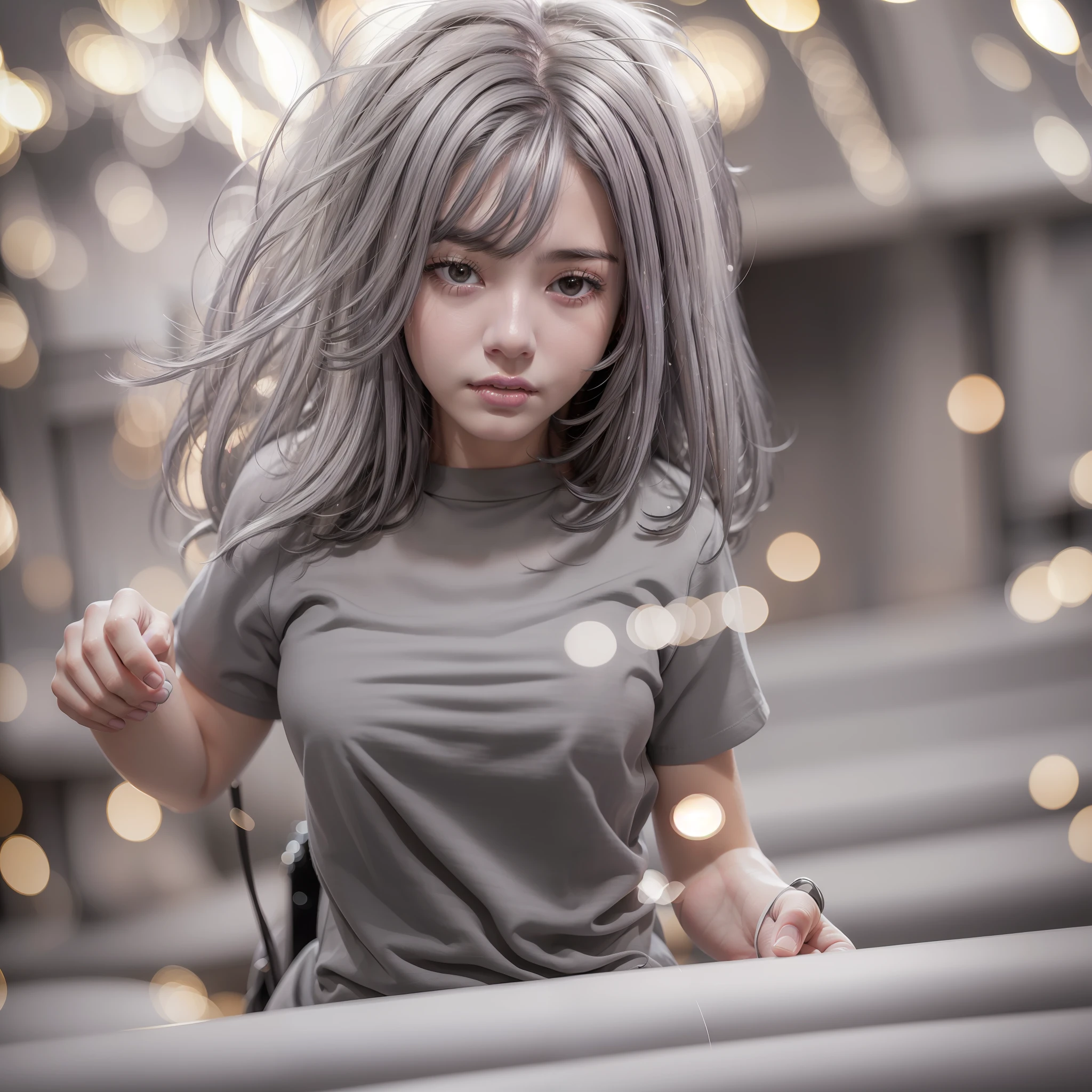 Best Quality, Realistic, 8K, High Resolution, 1 Girl, Woman, (Skin Dents), (Room), (Professional Lighting, Bokeh), (Street), (People, Crowd:0.6), Market, (Night:1.2),(Gray Hair:2.0), (Shirt:1.5), (Portable:0.6), Gorgeous, Blooming, (Floating Hair), (Light Particles, Lens Glow, Glow Particles: 0.6), (Dynamic Pose: 1.2), Soft Light,