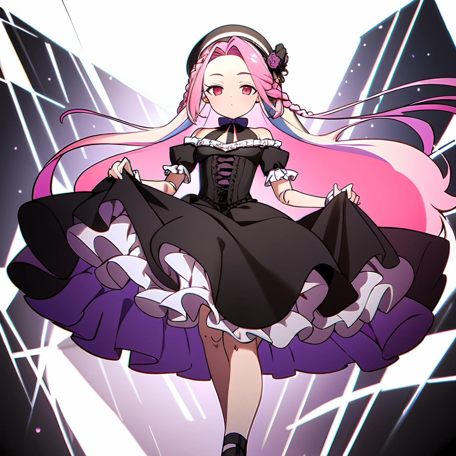 masterpiece, (best quality:1.3), sharp focus, absurdres, ++, 1girl, solo, fantasy, light purple hair, very long hair, curly hair, french braid, single sidelock, forehead, red eyes, pink eyes, multicolored eyes, small chest, flat chest, loli, victorian dress, black dress, black corset, neckwear, off-shoulder dress, frills, dollgirl, doll joints, ++, standing, arms crossed, walking, looking at viewer, dungeon background, cold, neutral