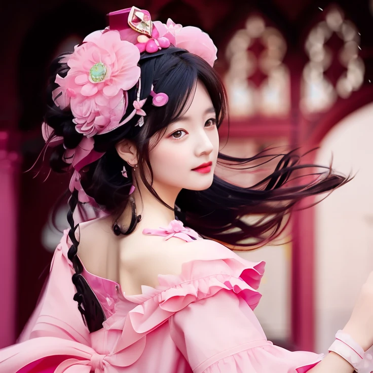 A dark-haired、Woman in pink dress,palatial palace