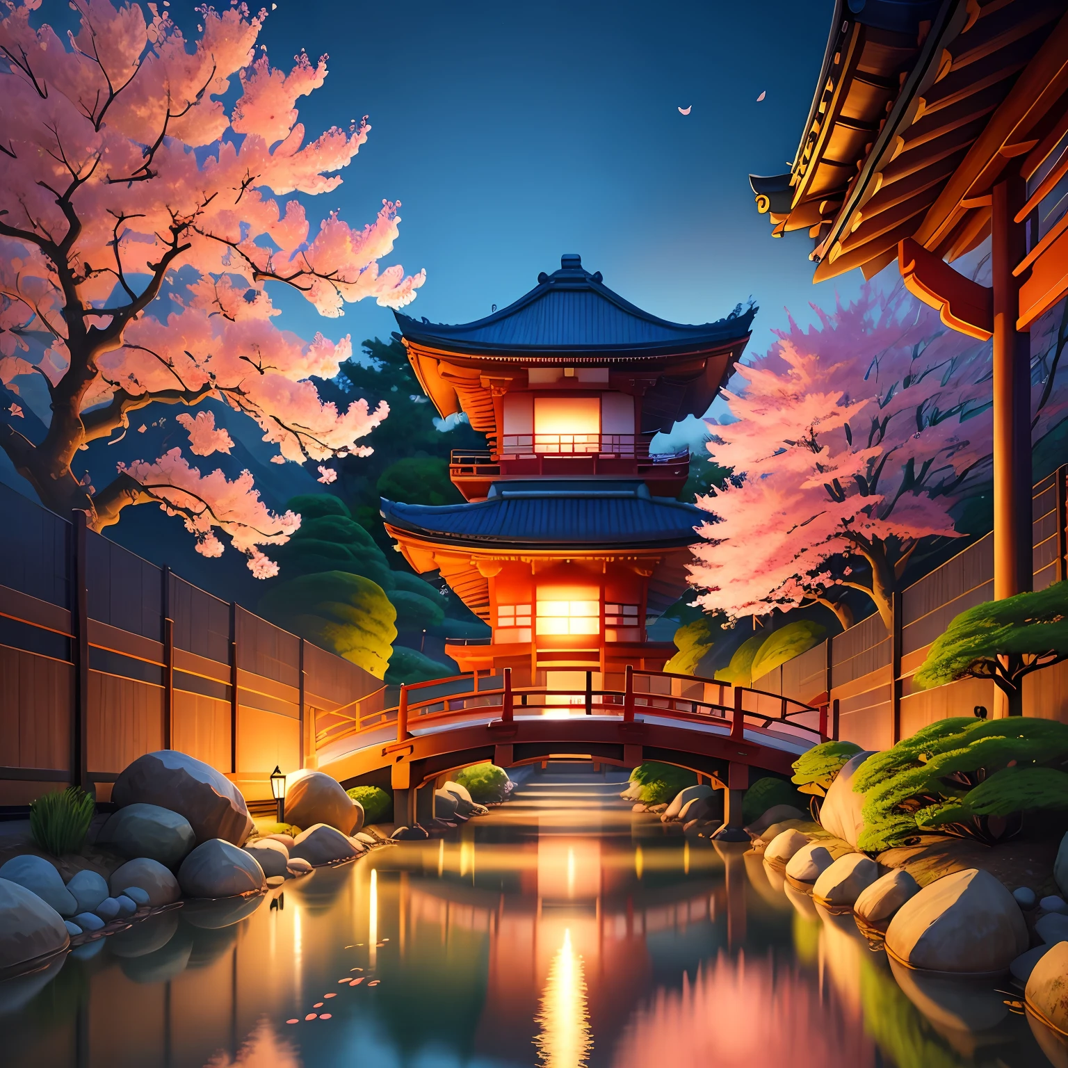 (digital painting),(best quality), serene Japanese garden, cherry blossoms in full bloom, koi pond, footbridge, pagoda, Ukiyo-e art style, Hokusai inspiration, Deviant Art popular, 8k ultra-realistic, pastel color scheme, soft lighting, golden hour, tranquil atmosphere, landscape orientation