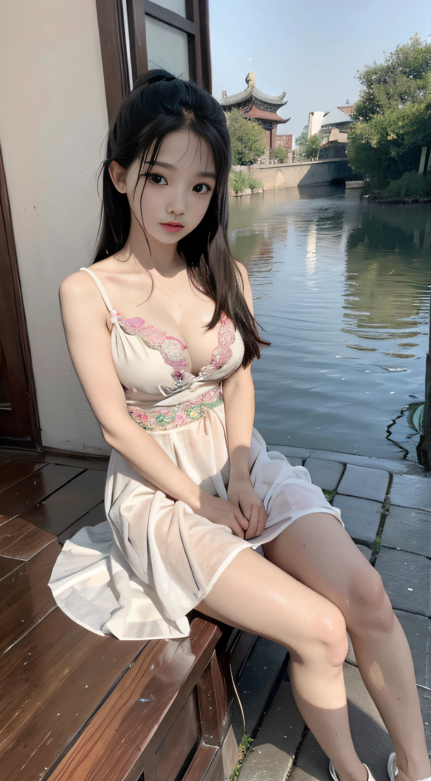 Master quality, highest quality, best picture quality, exaggerated details, a cute 8 asian little gth a shy expression, slightly squinted eyes, adjusting her hair, long eyelashes (long hair / very, very exaggerated big breasts, big tits / in petticoat dress tissue, ), posing sit in front of the camera, wet breast hanfu open v chest clothes, full body xianxia