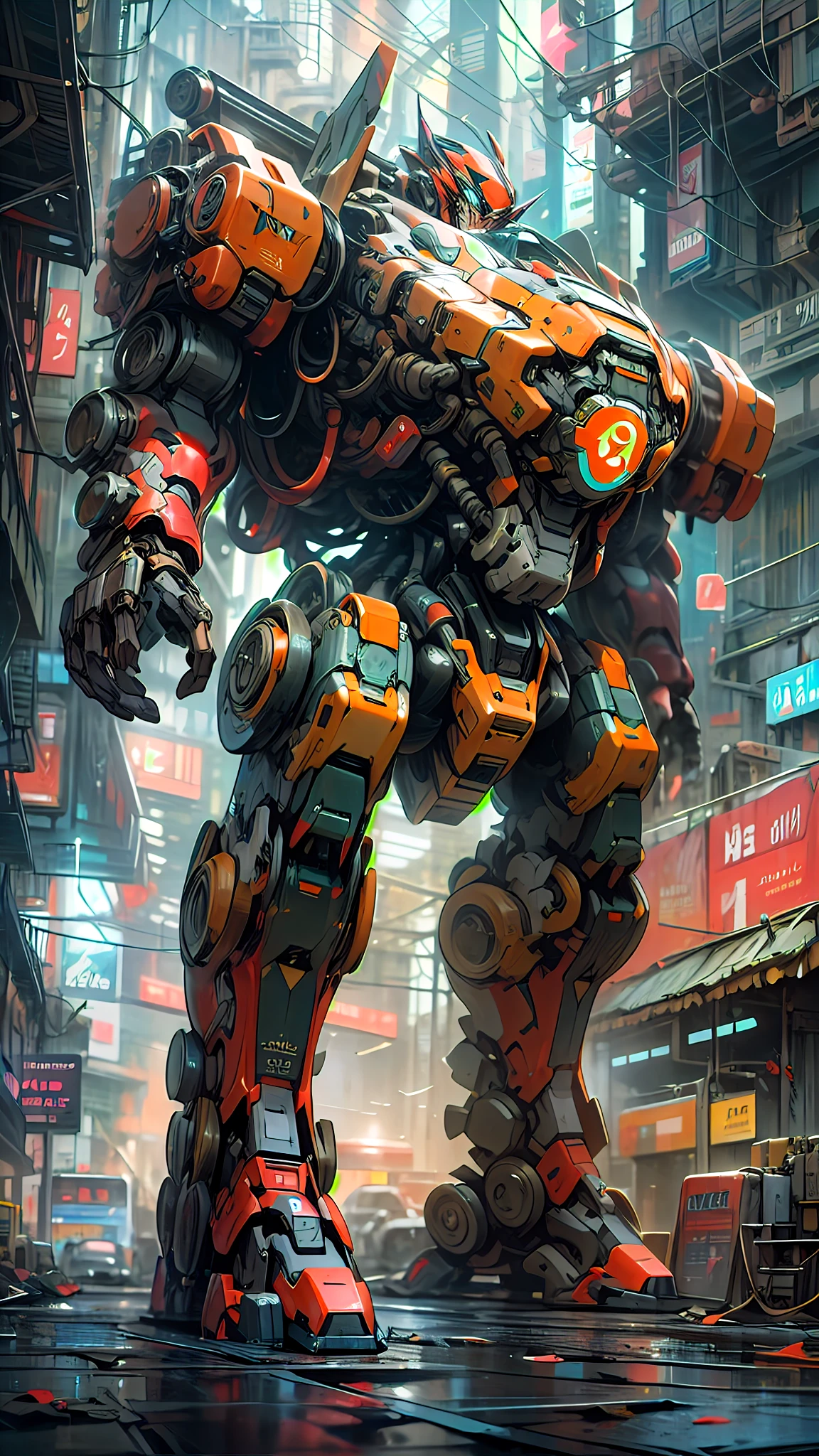 ((A visually immersive Cyberpunk Mecha action scene)) cobra vida con texturas profundas e intrincadas, reminiscent of a semi-realistic caustic art style inspired by the iconic DC Comics covers in the 90s. This artwork will be a stunning digital illustration, Capture the essence of cybernetic wonders and intense action. The scene will be set in a futuristic cyberpunk cityscape, with neon lights and towering skyscrapers, Immerse yourself in a world of technology and chaos. The mecha warriors and their high-tech machines will face off in a fierce and adrenaline-filled battle.., Showcasing the Fusion of Humans Resilience and War Cutting-edge Mecha. The artwork will be inspired by the authentic artistic style of Artgerm Lau, Delivering a faithful representation of DC Comics covers from the 90s, lleno de profundidad y cautivador Detalles. The goal is to create a visually captivating masterpiece that pays homage to the golden age of comics while infusing it with the exciting world of Cyberpunk Mecha Action...( arte oficial)