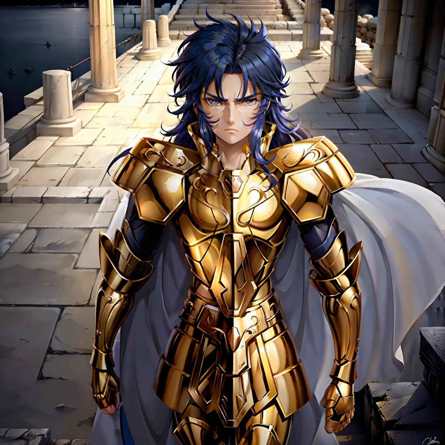 GeminiArmor, gold armor, Henry Cavil as 1boy, armor, dramatic sky, looking at viewer, armor, closed mouth, upper body, serious, helmet, on greek temple bridge, anime, full-body. walking  towards the viewer, boots