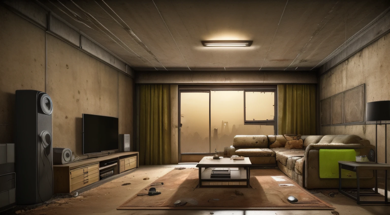 retinas, masutepiece, ccurate, Super Detail, Super Detail, high details, High quality, awardwinning, Best Quality, hight resolution,realistic CG,There is a living room with a lot of furniture and windows,High-quality photos,Midnight Living Room, Midnight hour,(,Inorganic fluorescent lamps:1.3),The apocalyptic view of the naked light bulb, (post apocalyptic atmosphere:1.2), (Post-apocalyptic room interior:1.5), (Fallout concept art:1.4),Worn transceivers,Post-apocalyptic wasteland, Post-apocalyptic wasteland, post apocalyptic scene, (Apocalyptic landscape, post apocalyptic atmosphere, post apocalyptic setting, Post-apocalyptic world, Postapocalypse), post apocalyptic scenery,(Scenic dystopian environment),Realistic photo quality,Has a sense of life,(Midnight:1.4),time is midnight