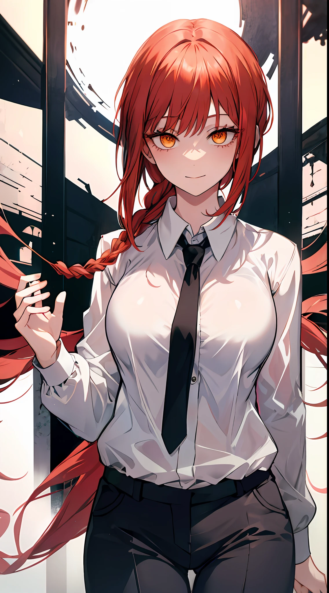 top-quality,​masterpiece,Masterpiece,8k,1人の女性,1girl,独奏,without background,Pure white background,Red hair,1 braid,Orange eyes,Spiral pupil,Bullish smile,ridicule,Scary eyes,White shirt,Black tie,White shirt,Black suit pants,is standing,Walking posture,(full bodyesbian),Depiction from head to foot,