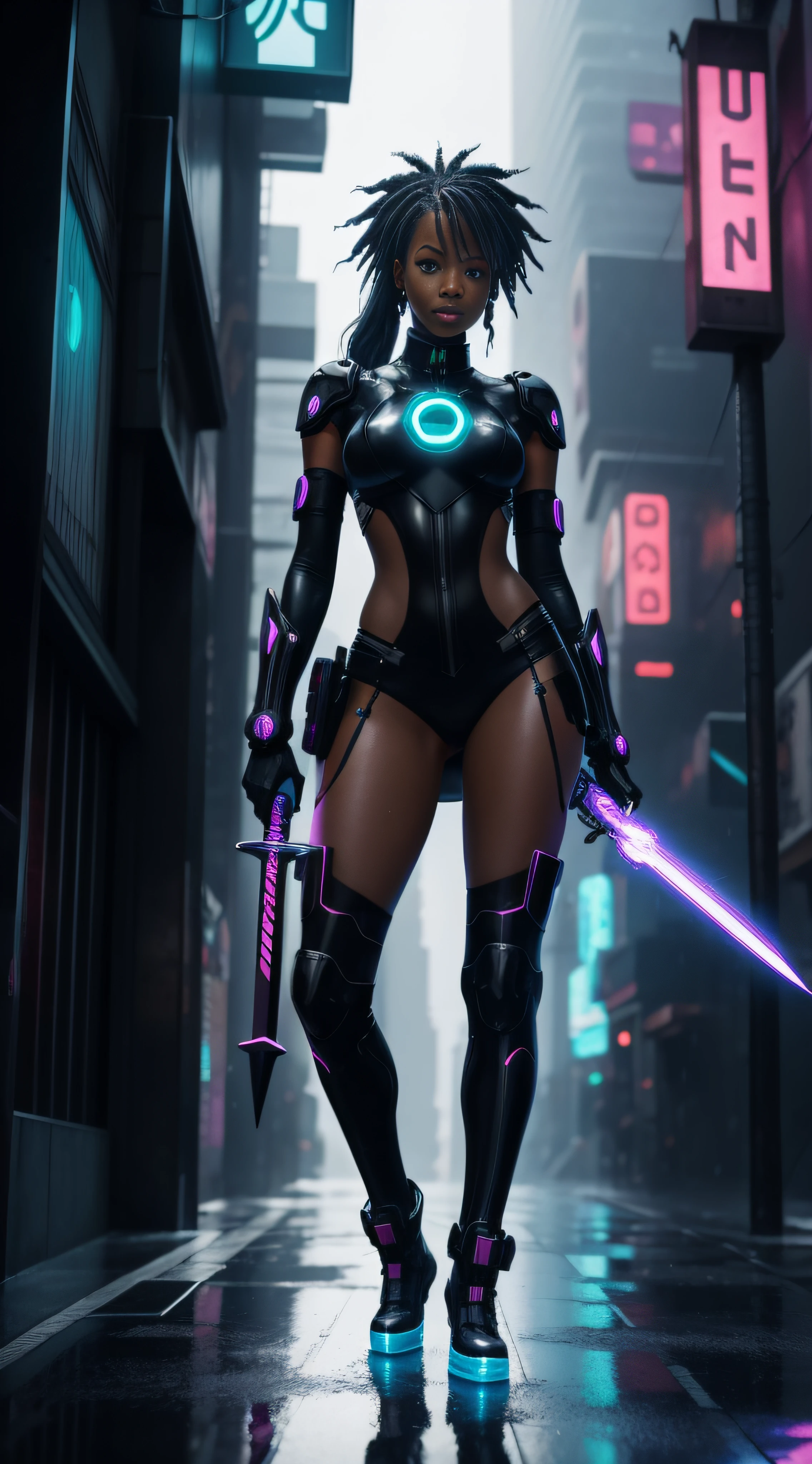 most beautiful anime-style black girl, cyberpunk, holding a glowing sword. standing on the street of the cyber city. neon lights, wet, rain, anime style. photorealistic, high details.HDR,8K, By Design Levester Sylvester Lemon