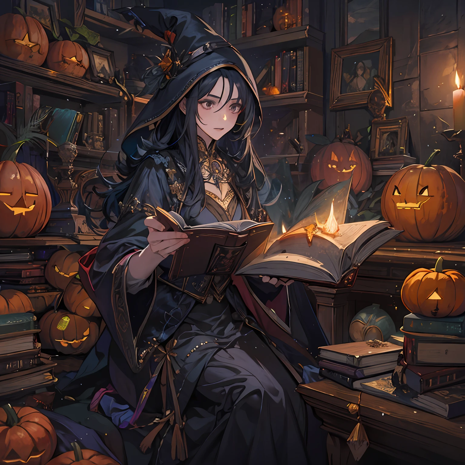 A witch reads a book in a dark room with pumpkins and candles, black - haired mage, The Magician Woman, Conjuring spell, Young Sorceress Woman, The wizard sits at his desk and reads, Yang J, spell casting, holding spell book, Dramatic Spell Book Pose for Reading, fantasy book illustration, Portrait of a young witch girl, spell casting wizard, portrait of a mage
