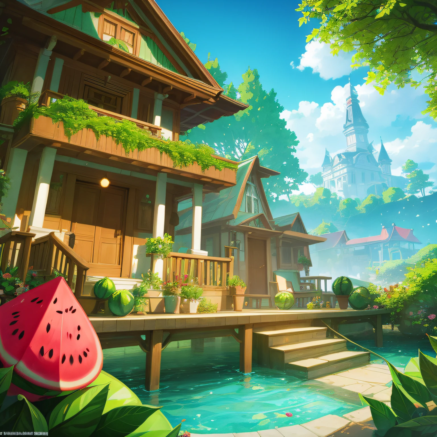there is a fantasy house made only of watermelons, watermelon, the house is in a clearing of a bright green wood near the sea, beautiful, joy, made of watermelons, fantasy, highly detailed, high quality
