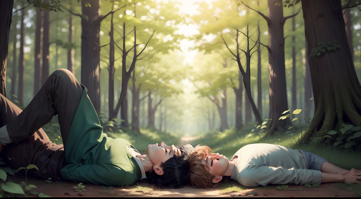 Two boys, laying, with their eyes closed, in a forest.