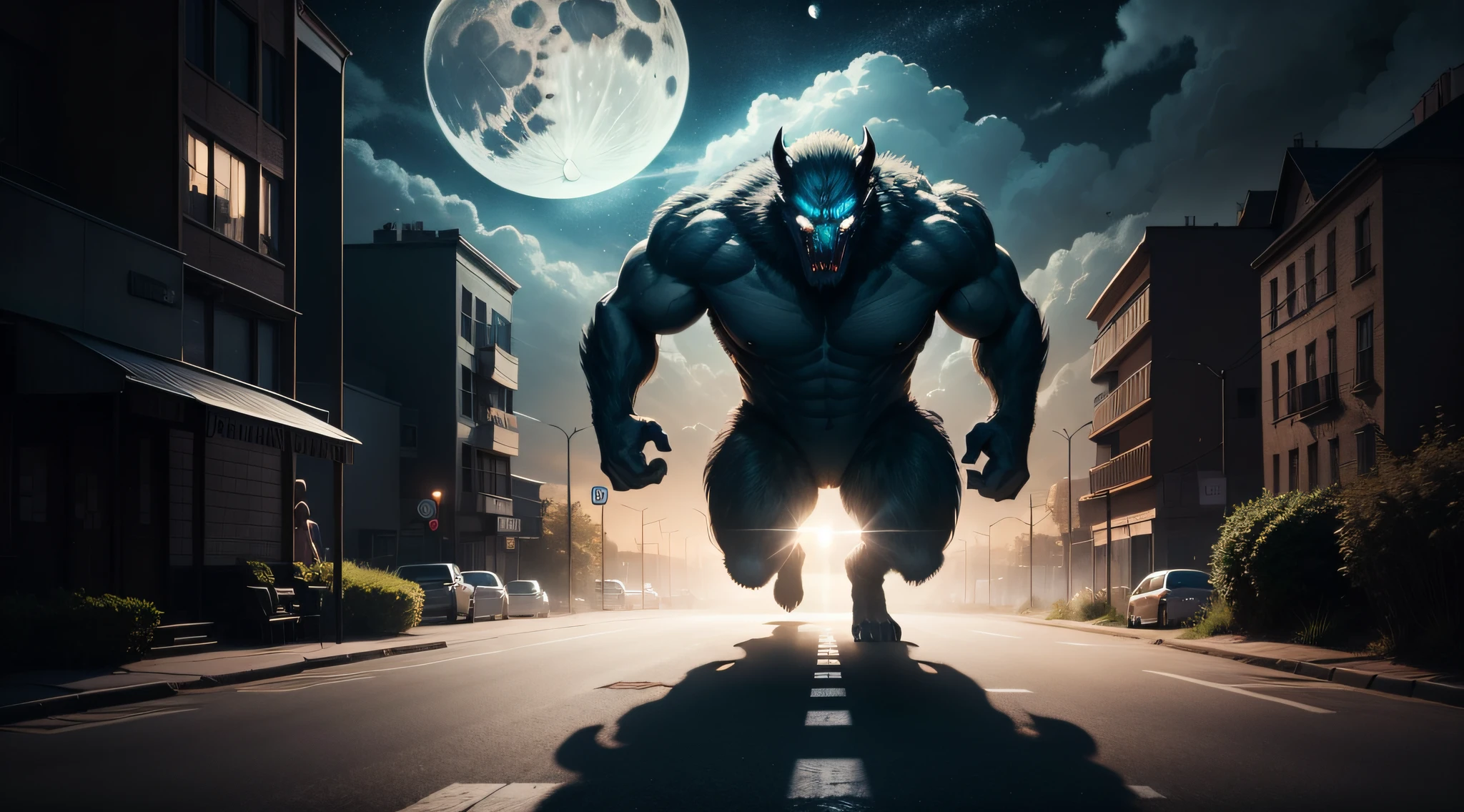 Image of a shadow of a giant monster running after a man running away terrified, It's night and the moon is in the sky