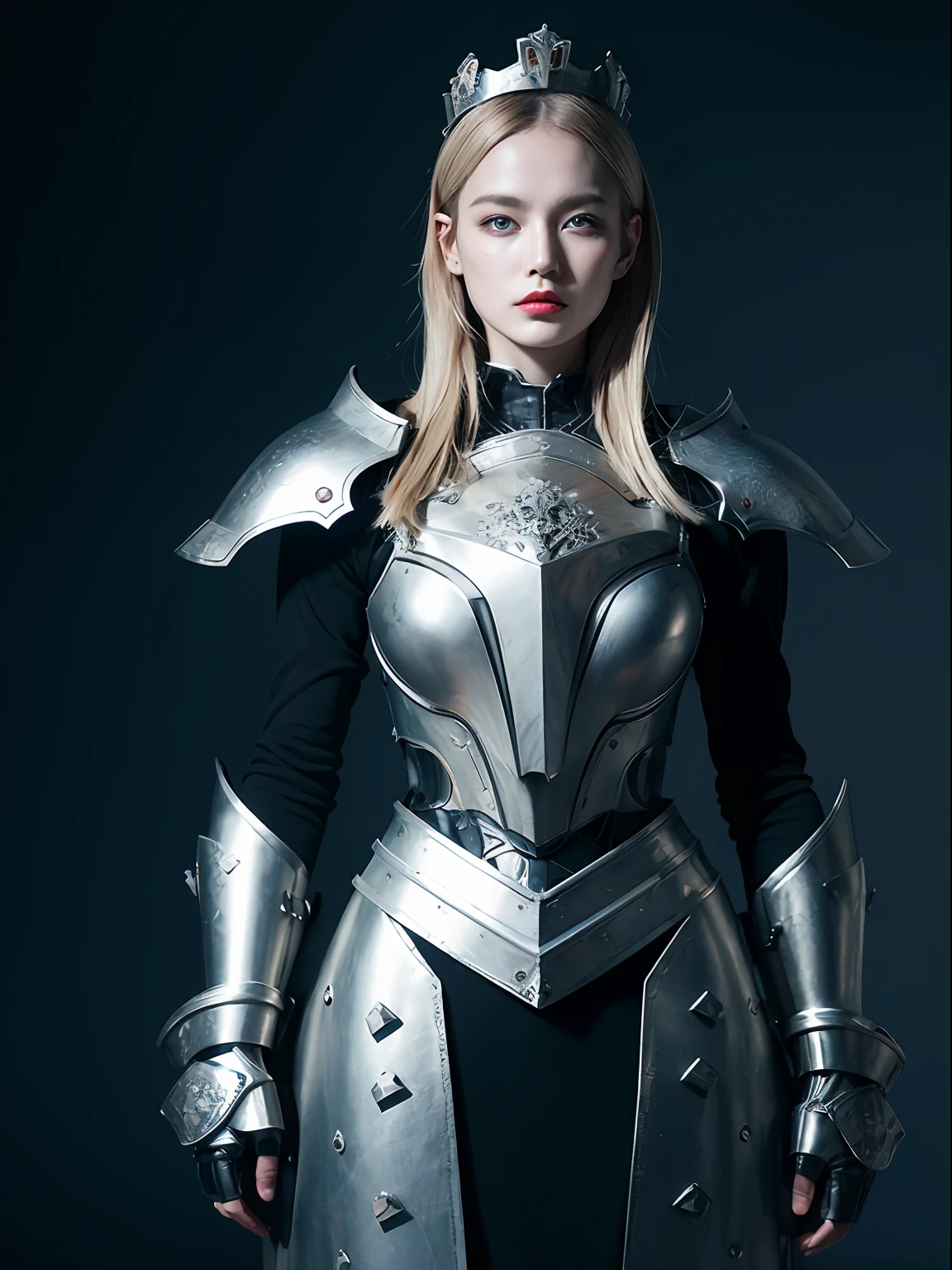Masterpiece, Best quality, high resolution, 8K, Portrait, Realistic photo,（ Combine clothing with Korean fashion design），Digital photography, full bodyesbian, 1 16-year-old girl, (Cyborg),beautiful long white hair, Blue eyes, Intricate, elegant, Highly detailed, The crown of evil, Black dress, ,Silver metal exoskeleton armor, Intricate knightly hollow armor,power armour, Openwork design, mechanical structure, Photo pose, Solemn,, Red lips, .Metallic texture, oc rendered，Reflective texture, ((Clothing cutting)), ((Set against the backdrop of the castle and the huge Moster))