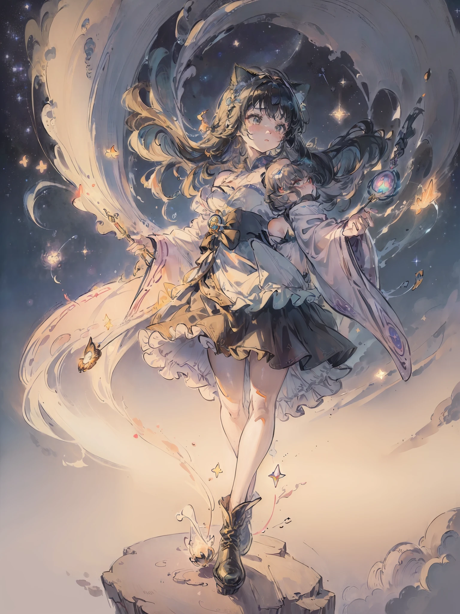 ((Accompanied by a cute cat:1.3))、((magical little girl)), ((Gorgeous starry sky background)), ((ultra-definition)), ((Best Illustration)), ((cinematlic lighting)), dynamic ungle, floating, Filigree, (Glitter:1.2 )、(brilliance:1.2)、(brilliance:1.2)、Classic、(painted:1.1)、(Sketched:1.1)、(top-quality)、(masterpiece:1.2)、(Anime style)、(独奏)、Beautiful Detail Face、(cute face:1.3)、(big eye:1.3)、colourful hair、(length hair:1.2)、(Floating hair:1.2)、(Magical Girl Costumes)、detailed costume、(Shining wand:1.3)、(Magic Effects:1.3)、(flowing skirt:1.2)、(Cute boots:1.1)、(Transparent substrate:1.1)、(shimmer:1.2)、(Glow:1.2)、(brilliance:1.2)