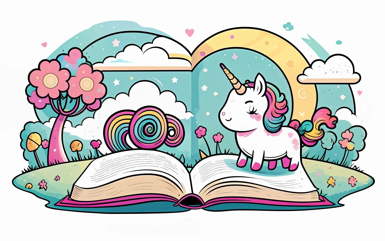 Arte vectorial de un lindo y feliz unicornio kawaii leyendo un libro , en el parque, Fantastic retro, Destellos, sin color, hoja blanca, dia de primavera, ilustracion de libro para colorear, for children, minimum, 1 pegatina