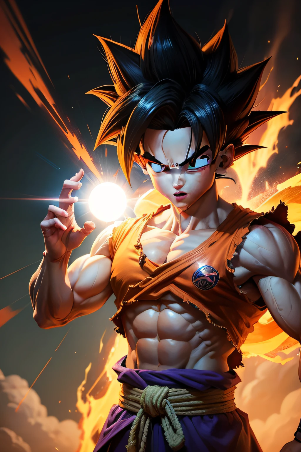 jovem Gohan voando pelo ar lutando sangue luz, Personagem Dragonball, Goku de Dragon Ball muito luz e sangue, olhar assustando de luta.olhos realista preto