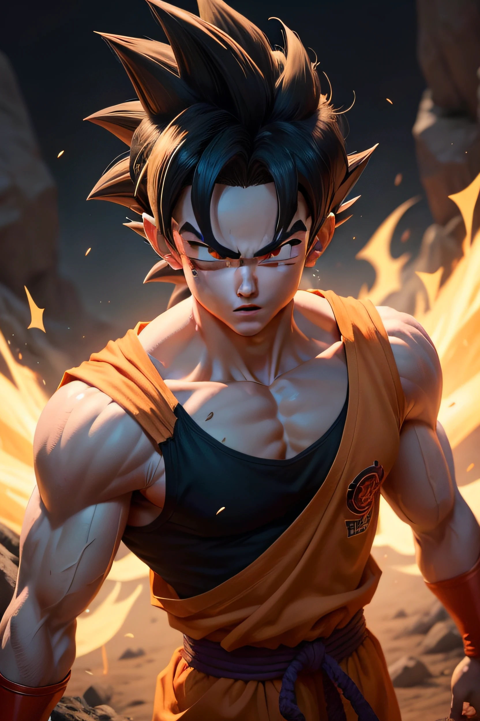 jovem Gohan voando pelo ar lutando sangue luz, Personagem Dragonball, Goku de Dragon Ball muito luz e sangue, olhar assustando de luta.olhos realista preto