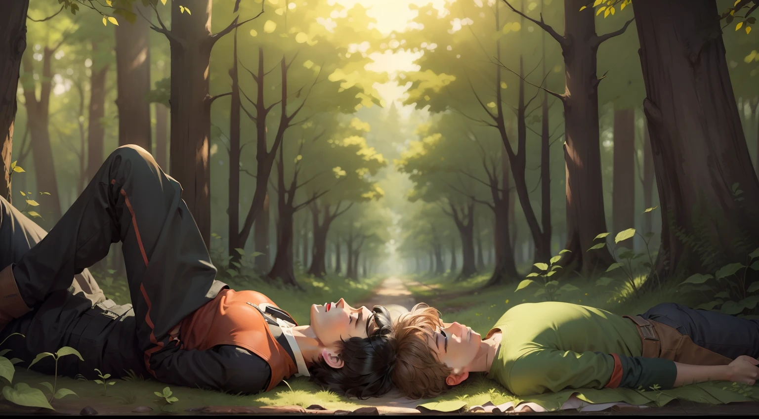 Two boys, laying, with their eyes closed, in a forest.
