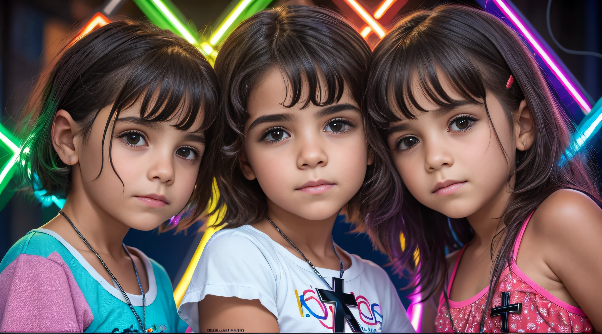 kids LOIRA 10 ANOS, cabelos muito longos, uma cruz , retrato, foto de zoom detalhada, Crucifixo, Cruzes, cruz, neon cross, neon.